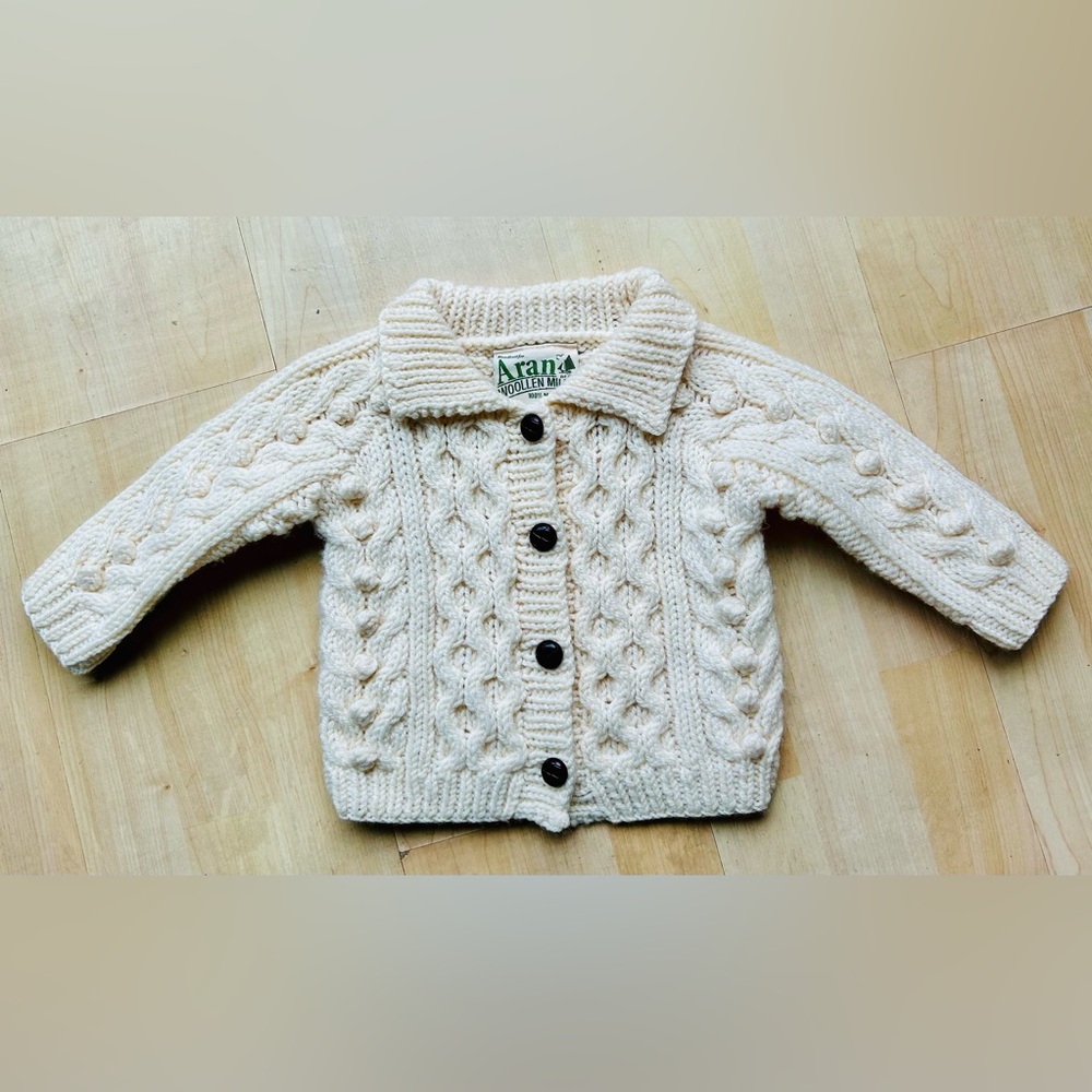 Aran Woollen Mills Baby Cardigan Wool Cable Knit Button Sweater Sz S 18-24 Month